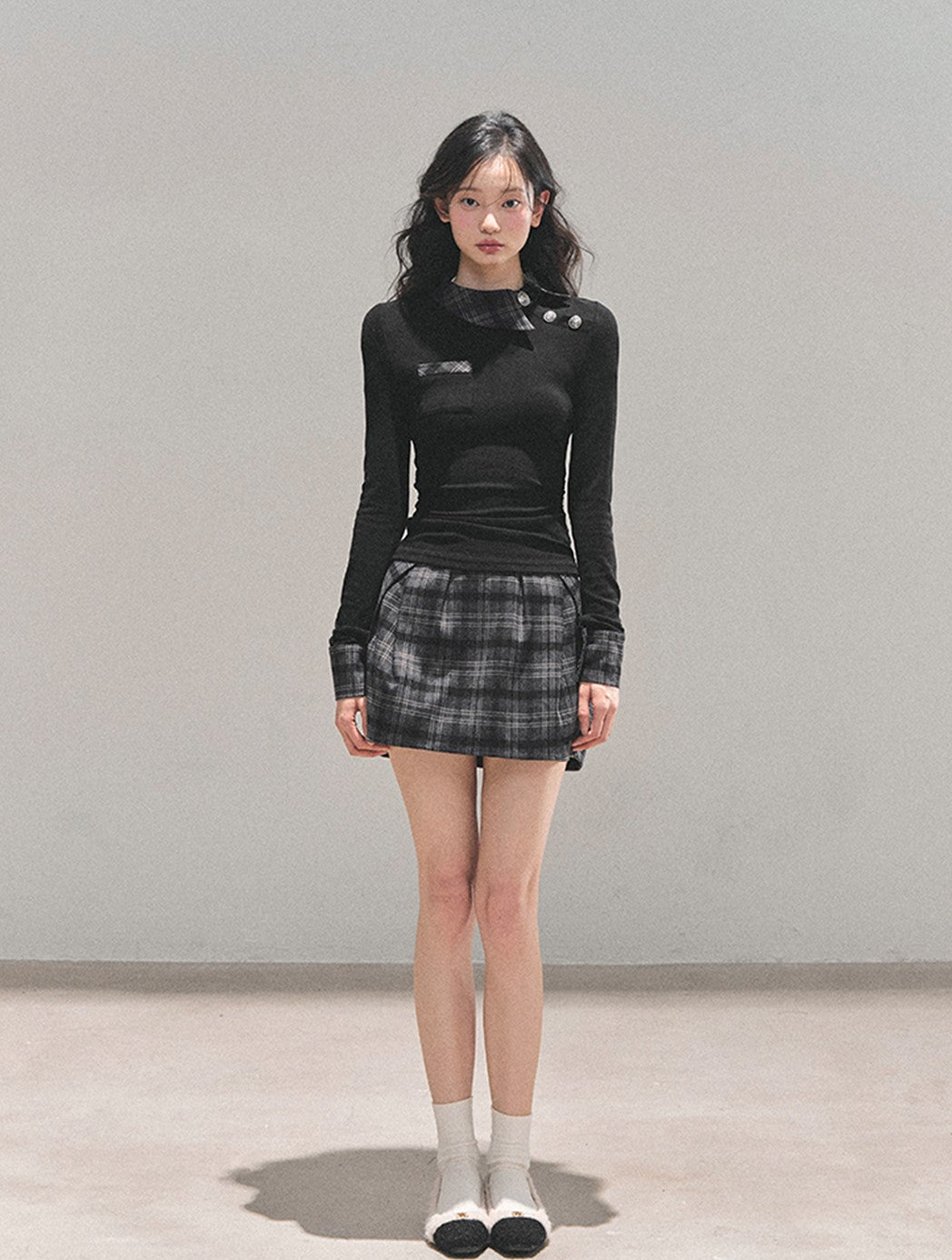 Black Plaid Collar Top/Plaid Short Skirt DIA0757