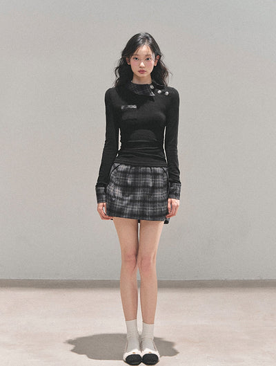 Black Plaid Collar Top/Plaid Short Skirt DIA0757