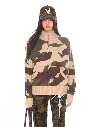 Retro Street Camouflage Knitted Zipper Jacket UNC0167