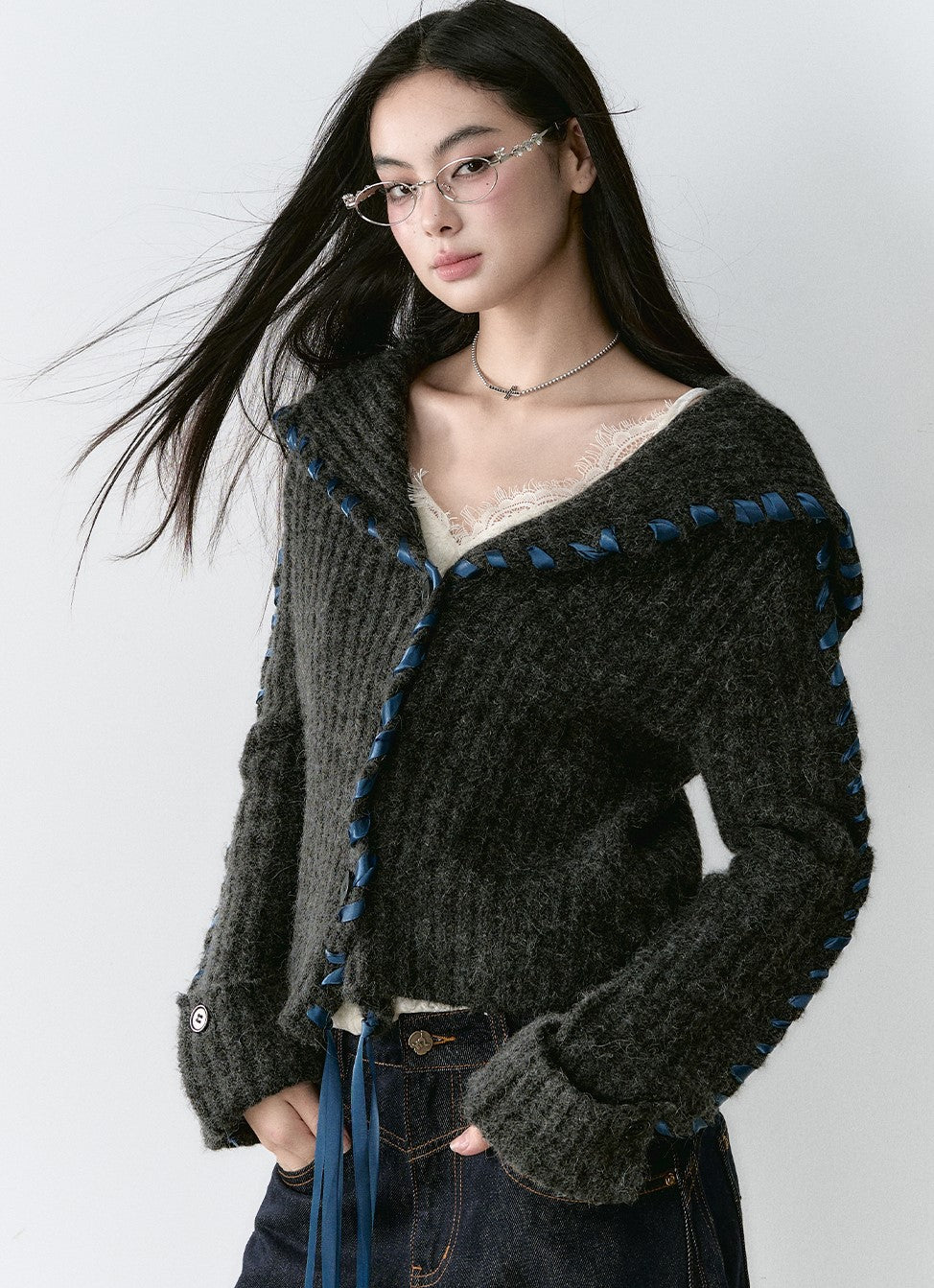 Ribbon Large Lapel Knitted Cardigan VIA0165