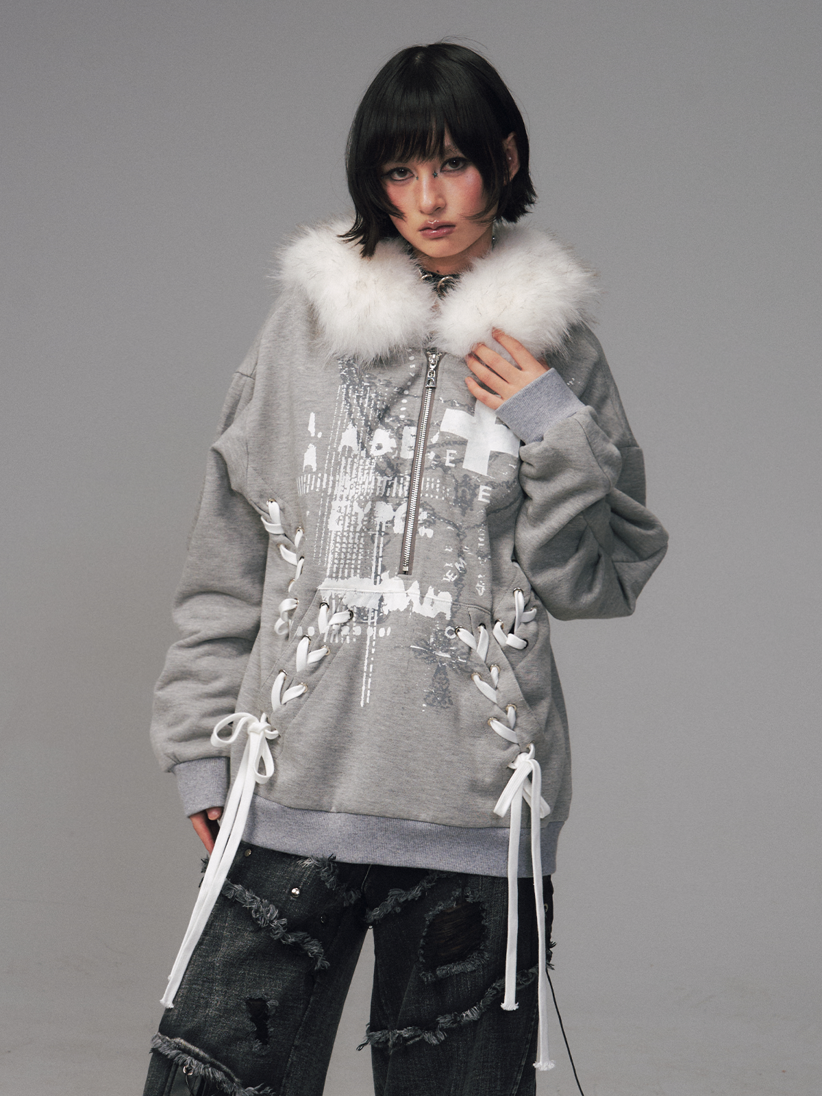 Print Half-Open Zipper Hooded Sweatshirt FRU0125