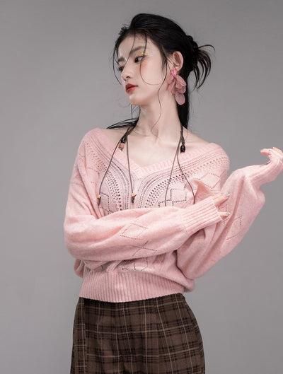 Pink Hollow V-neck Knit+Halter Neck Top COT0345