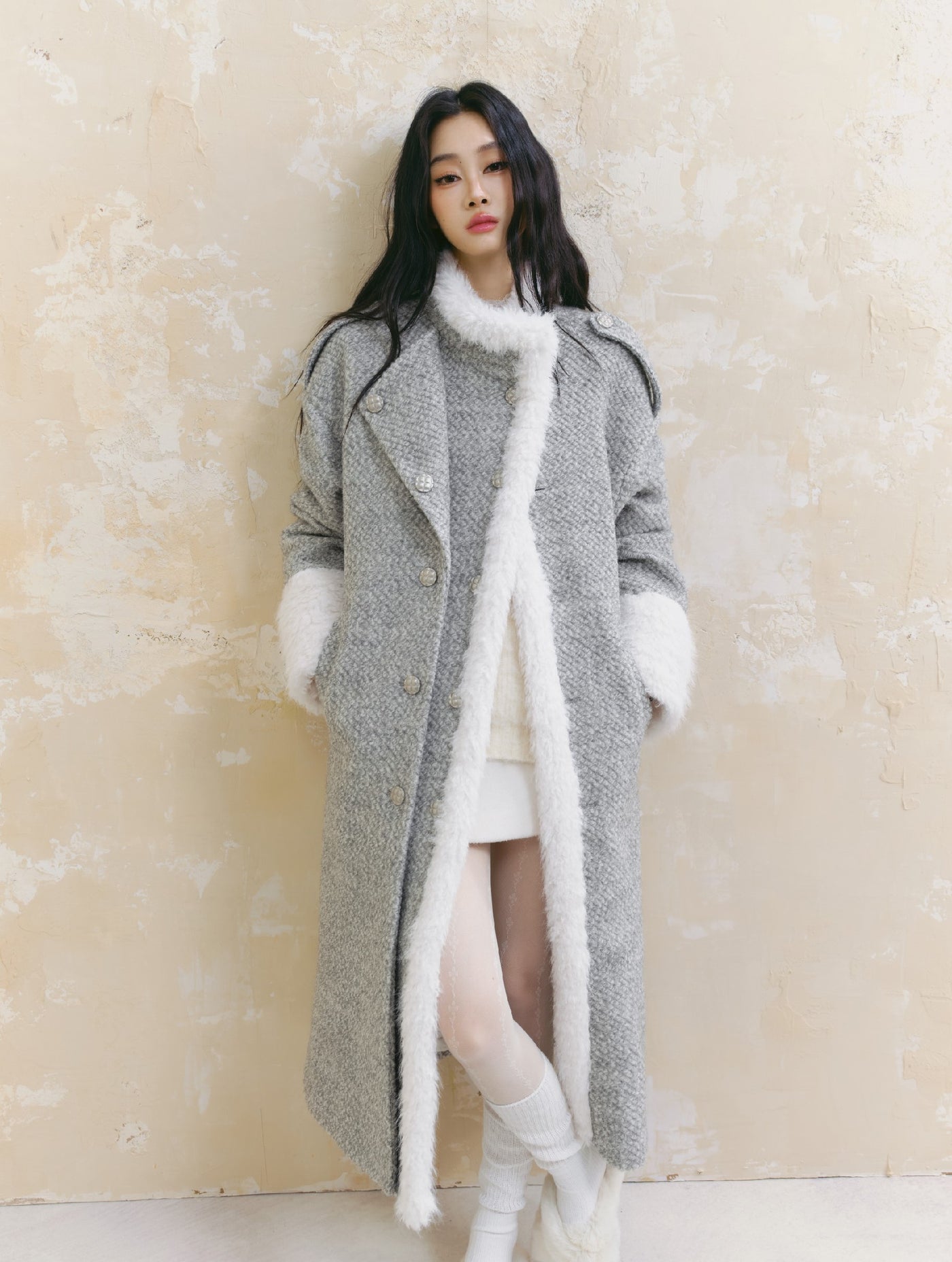 Icelandic Silver Snow Gray Fur Collar Woolen Long Coat SAL0093