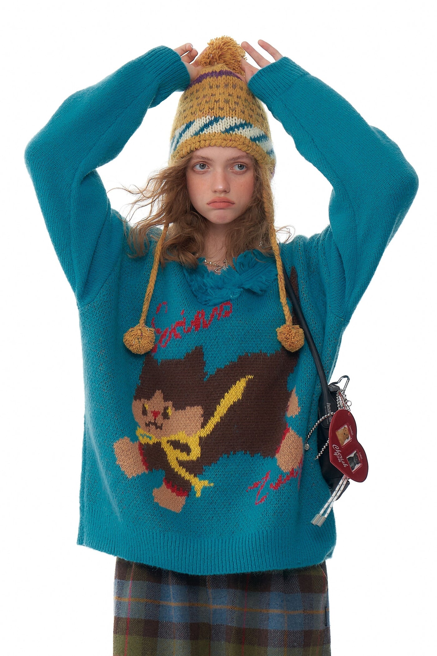 American Retro Design V-neck Lazy Style Loose Cat Sweater ZIZ0191