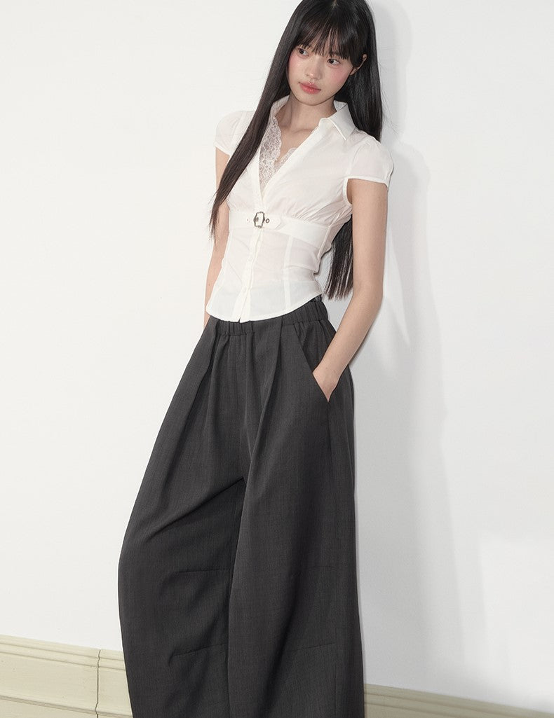 Lace Waistband High-end V-neck Shirt SOO0010