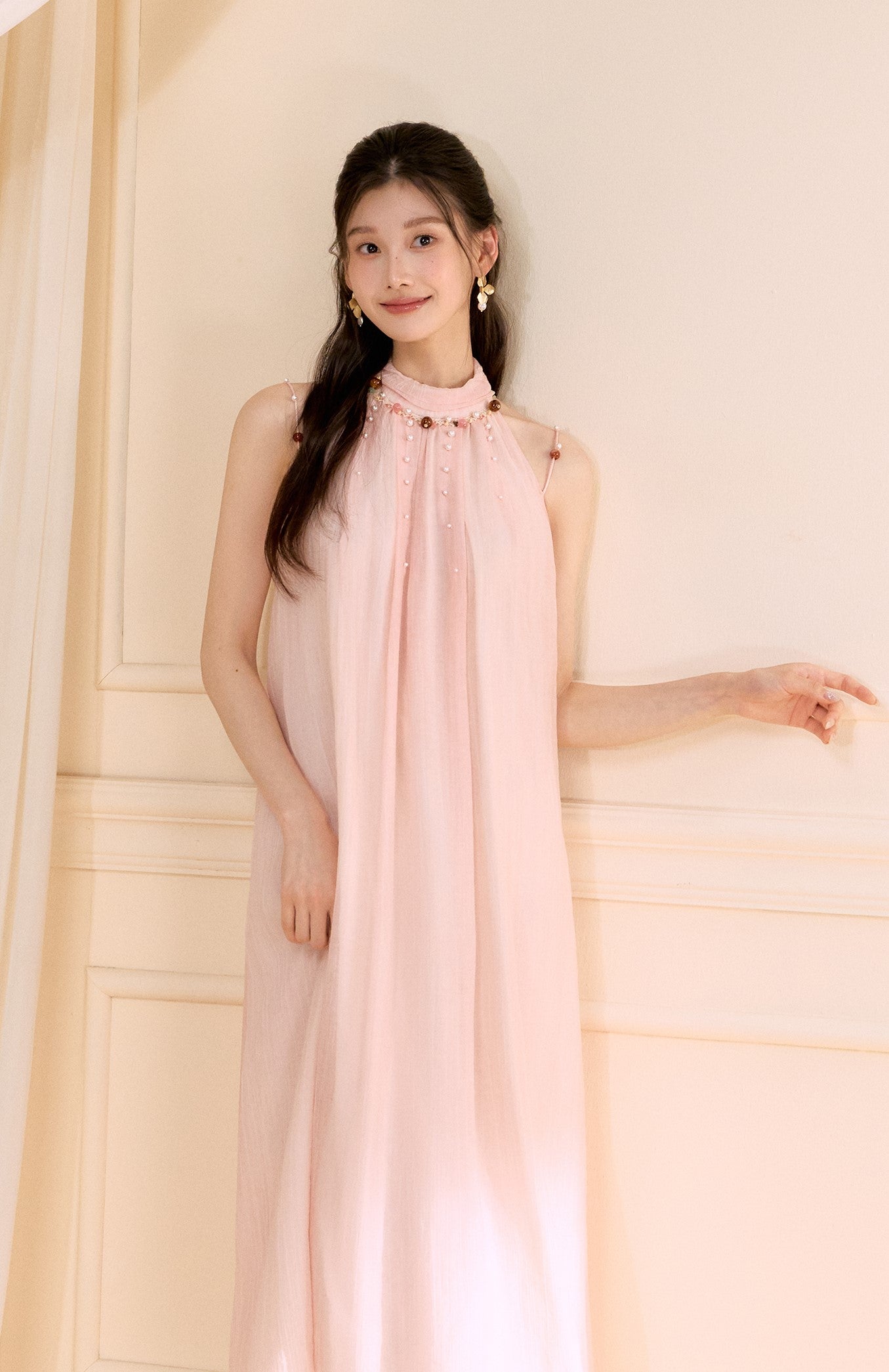 Halter Neck Beaded A-line Long Dress OSH0171