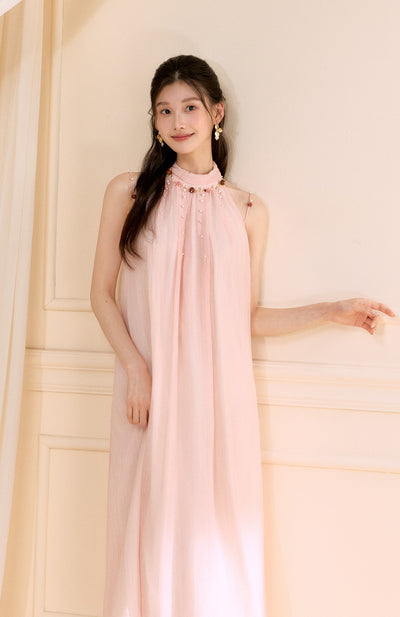Halter Neck Beaded A-line Long Dress OSH0171