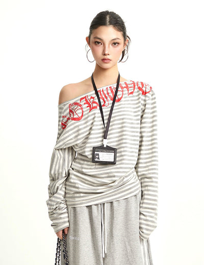 Striped Oblique Shoulder Long-sleeved T-shirt UNC0279