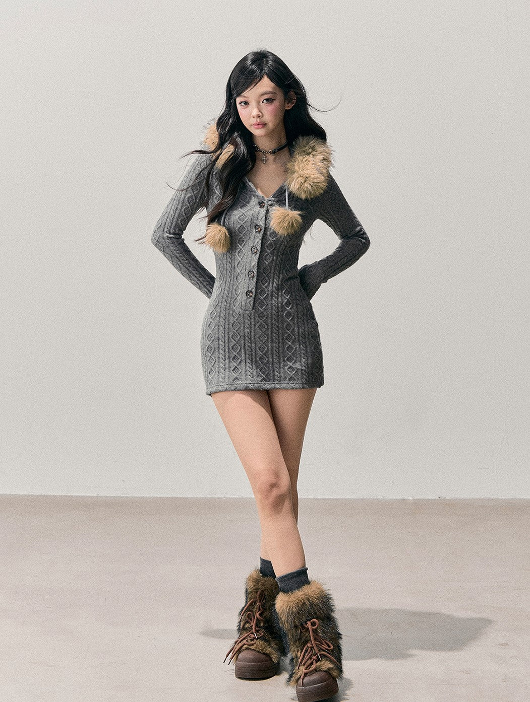 Detachable Fur Collar Sweater Dress DIA0707