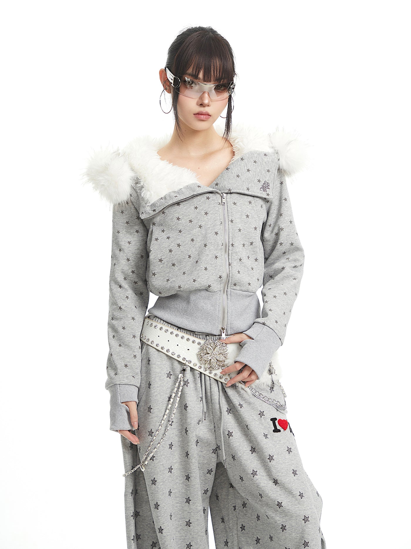 Full Star Design Fur-collar Hooded Jacket UNC0329