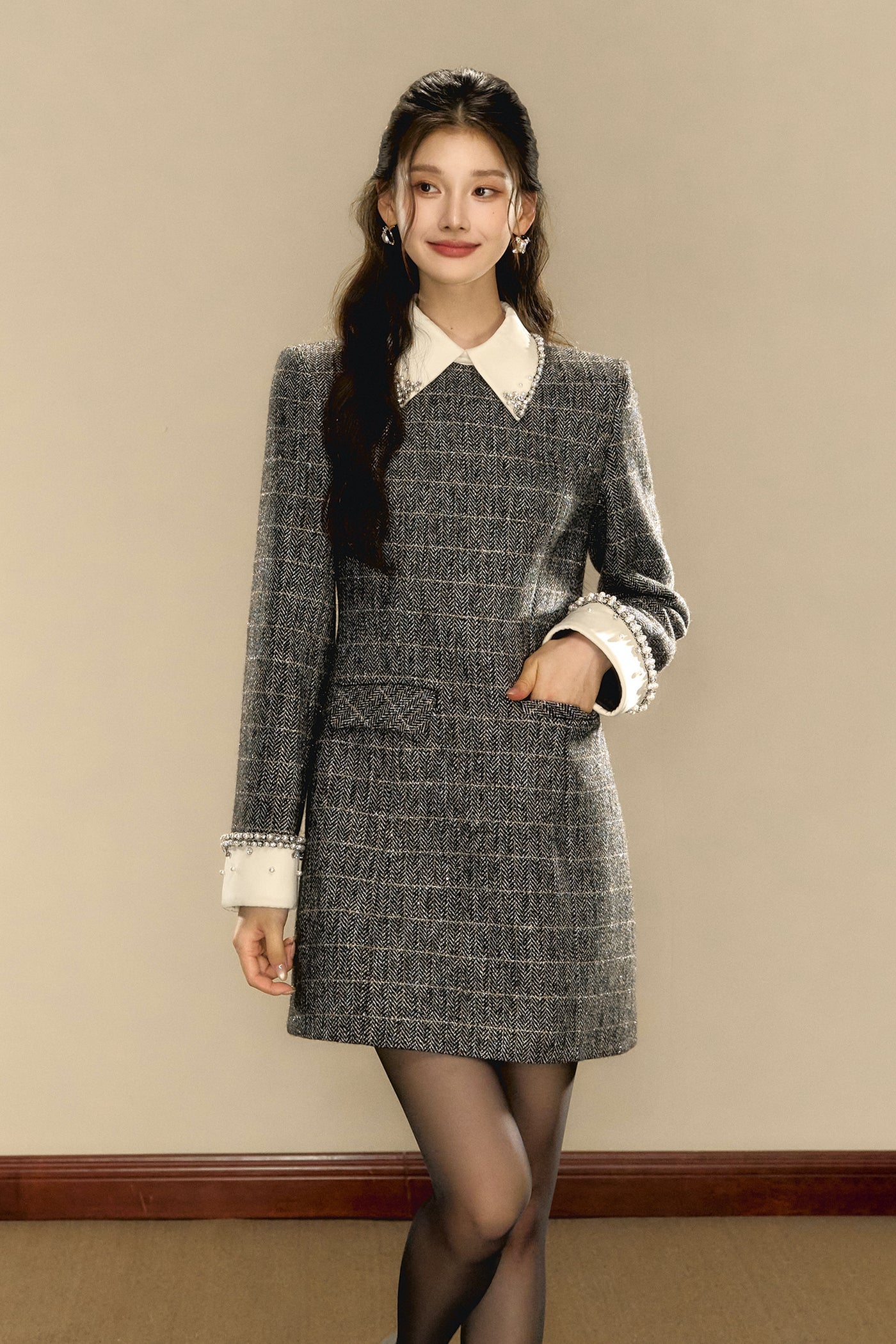 Check Wool Small Fragrance Waist Slim A-line Dress OSH0094