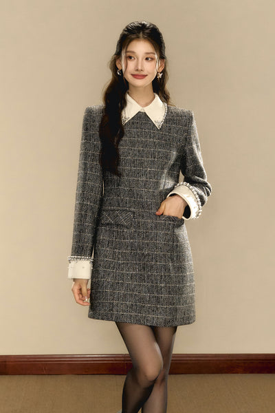 Check Wool Small Fragrance Waist Slim A-line Dress OSH0094