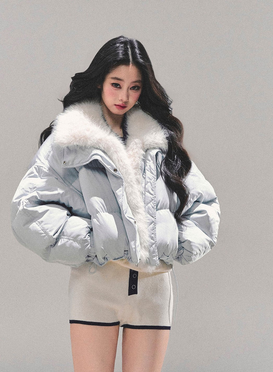 Blue Detachable Fur Collar Short Down Jacket DIA0687