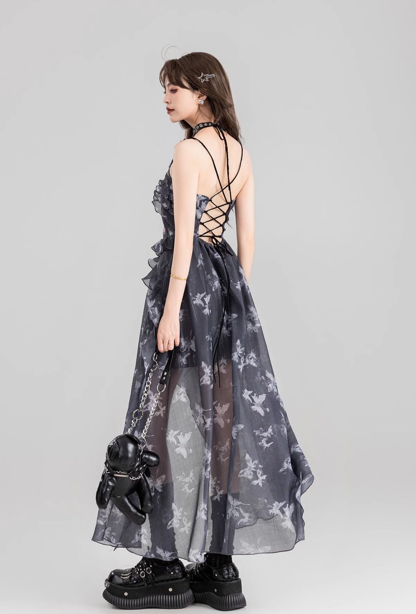 Butterfly Floral Sling Strap Backless Tulle Long Dress/Cardigan KEI0118