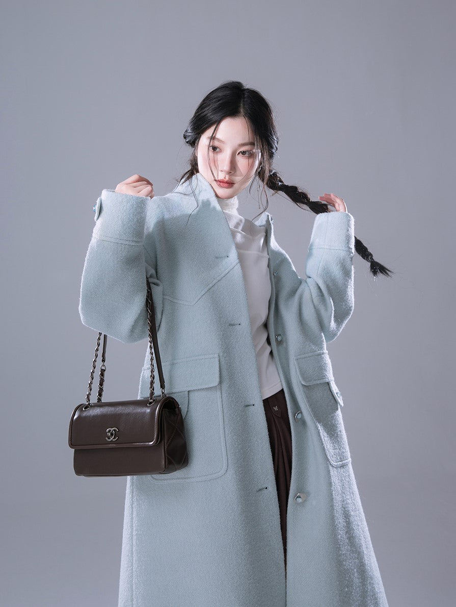 Skyblue Stand Collar Wool Long Coat COT0168