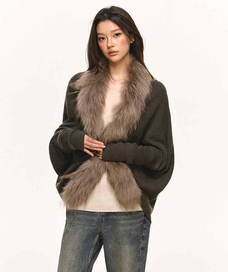 Fur Collar Patchwork Knitted Cardigan ANA0109