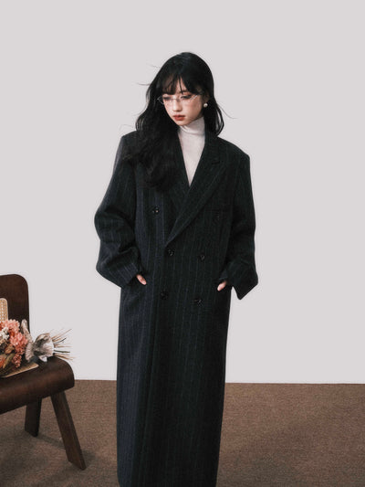 High-intelligence Dark Gray Vertical Stripes Double-breasted Long Coat LUL0104