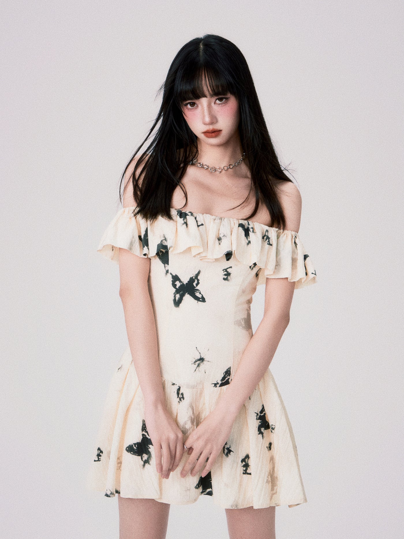 French Ink Butterfly Print One-Shoulder Dress LUL0047
