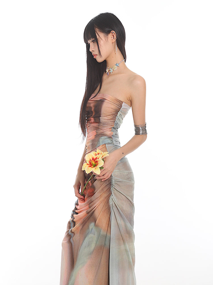 Portrait Printed Mesh Pleated Tube Top/Long Skirt UNC0142