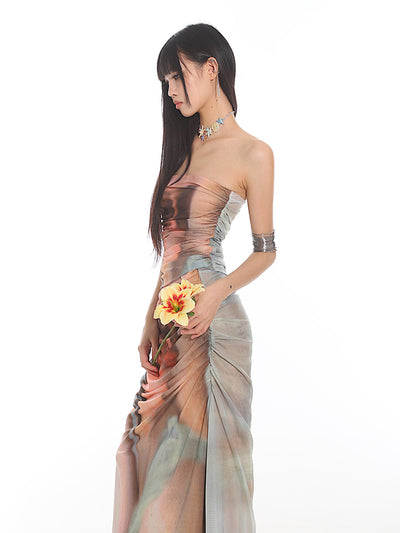 Portrait Printed Mesh Pleated Tube Top/Long Skirt UNC0142