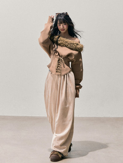 Fur Off-Shoulder Lace-up Waist T-Shirt DIA0744