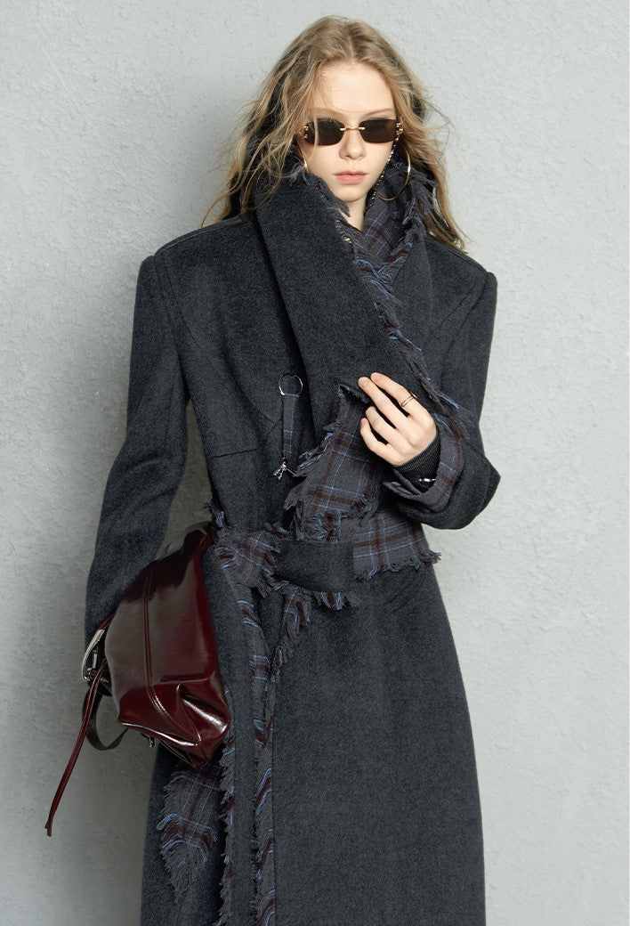 Lapel Wool Checkered Patchwork Long Coat OFA0188