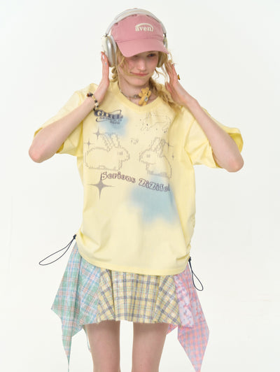 Drawstring Rabbit Print V-neck T-shirt ZIZ0268