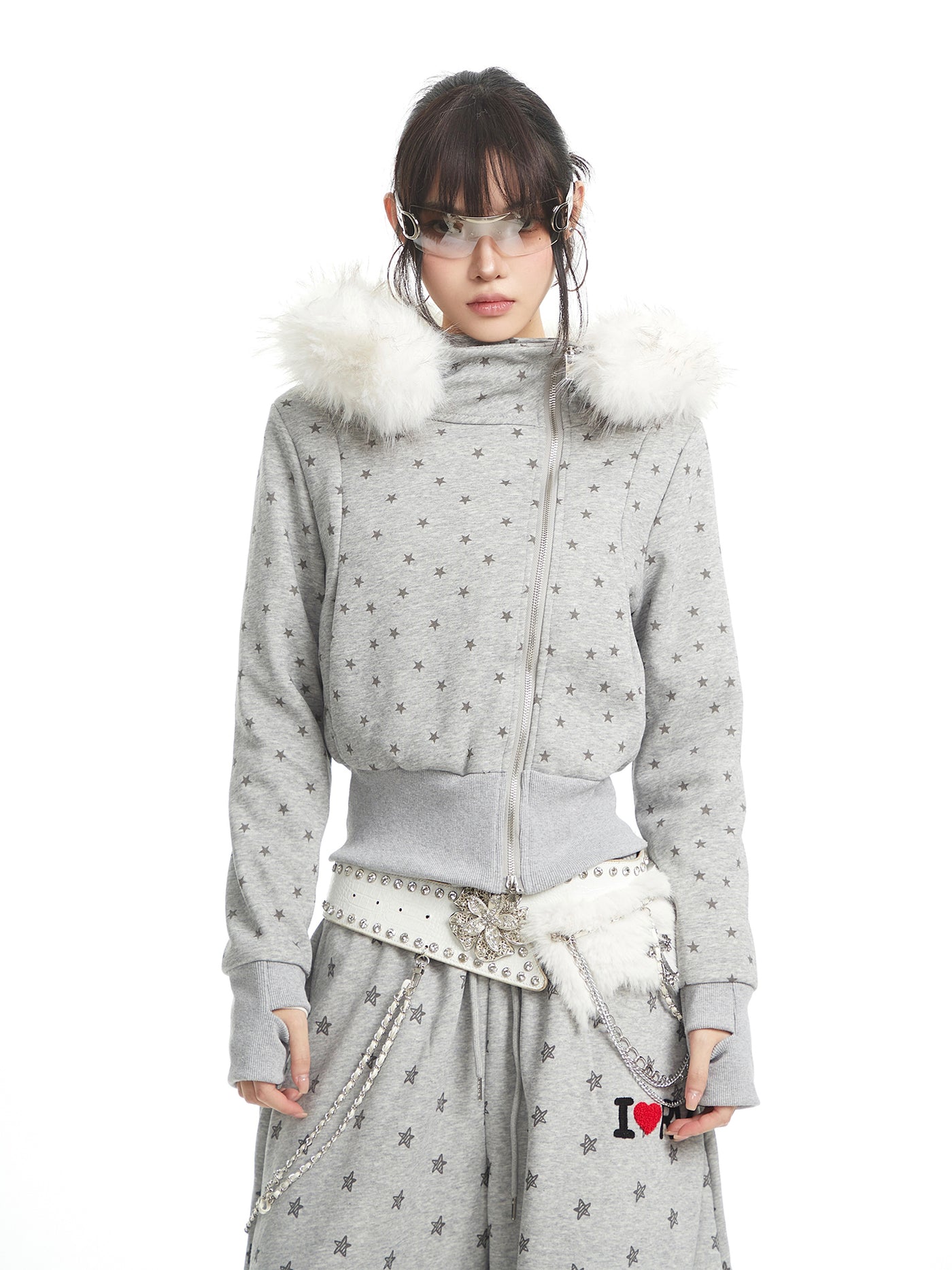 Full Star Design Fur-collar Hooded Jacket UNC0329