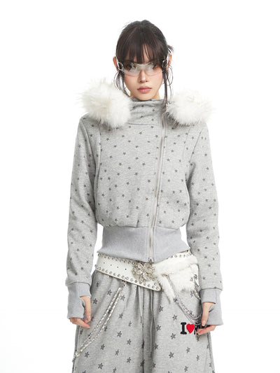 Full Star Design Fur-collar Hooded Jacket UNC0329