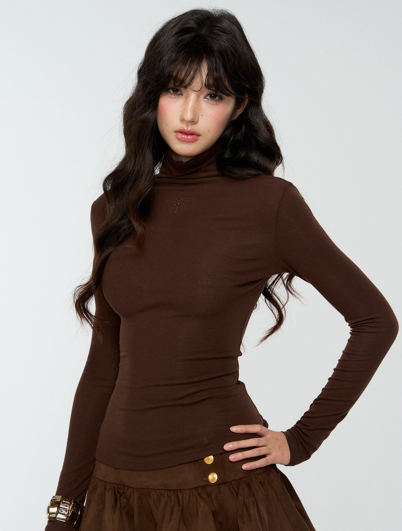 Turtleneck Rhinestone Cross Basic Top 4MU0175