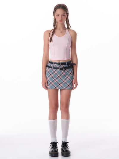 American Retro High Waist Slim Pink Blue A-line Plaid Short Skirt ZIZ0130