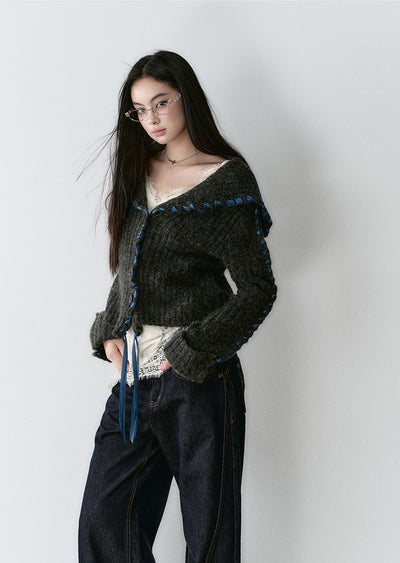 Ribbon Large Lapel Knitted Cardigan VIA0165