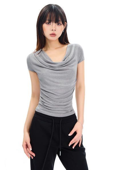 Swing Collar Waist Pleated Short Sleeve T-shirt APE0307