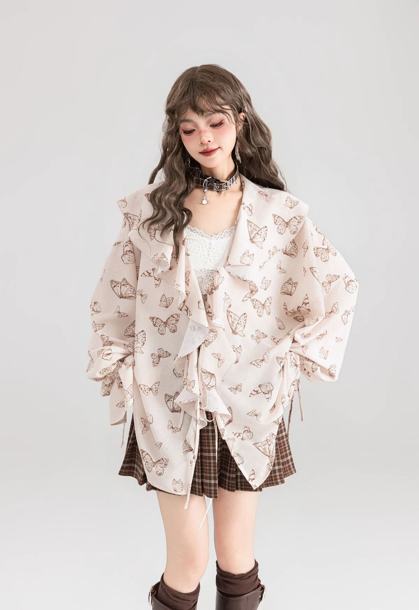 Butterfly Print Loose Lace Large Ruffled Chiffon Shirt/Plaid Skirt KEI0059