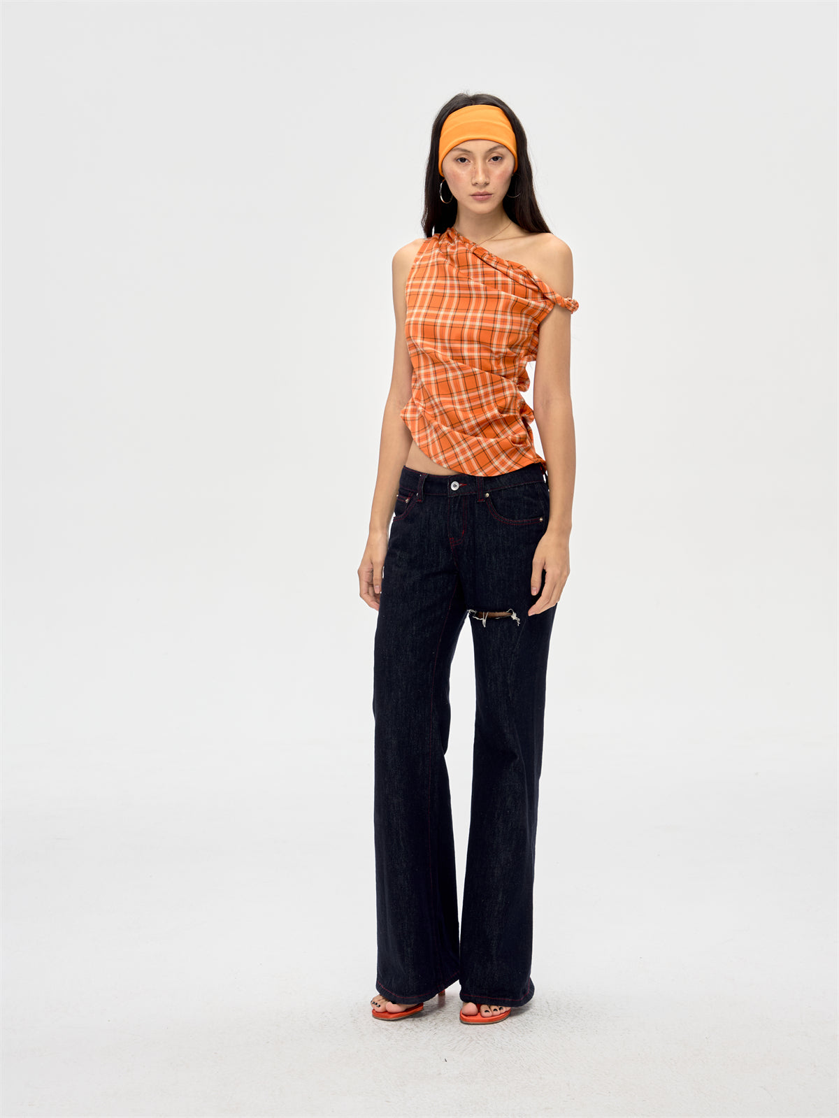 Retro Off-shoulder Plaid Top CUR0208