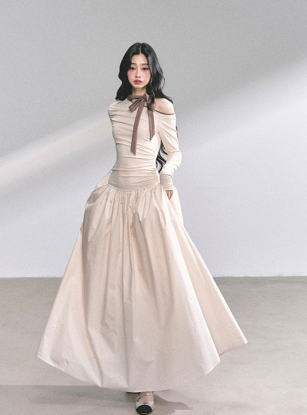 Off-shoulder Waist Slim Bow Dress DIA0574