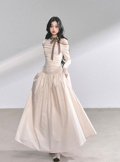 Off-shoulder Waist Slim Bow Dress DIA0574