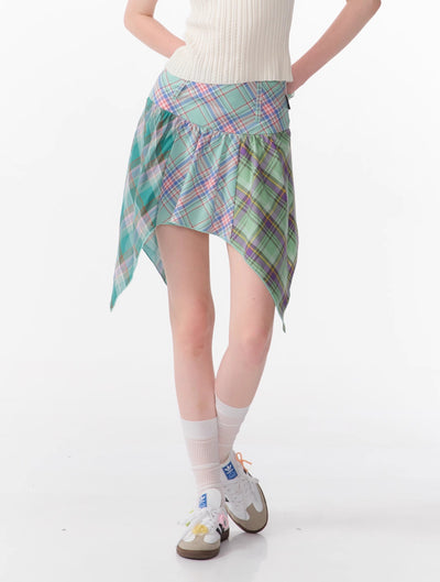 Summer Design Irregular Plaid High Waist Green Skirt ZIZ0083