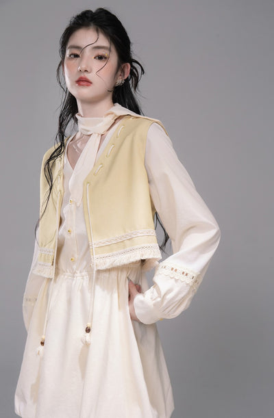 Custard Vest/Lace White Shirt Dress COT0336