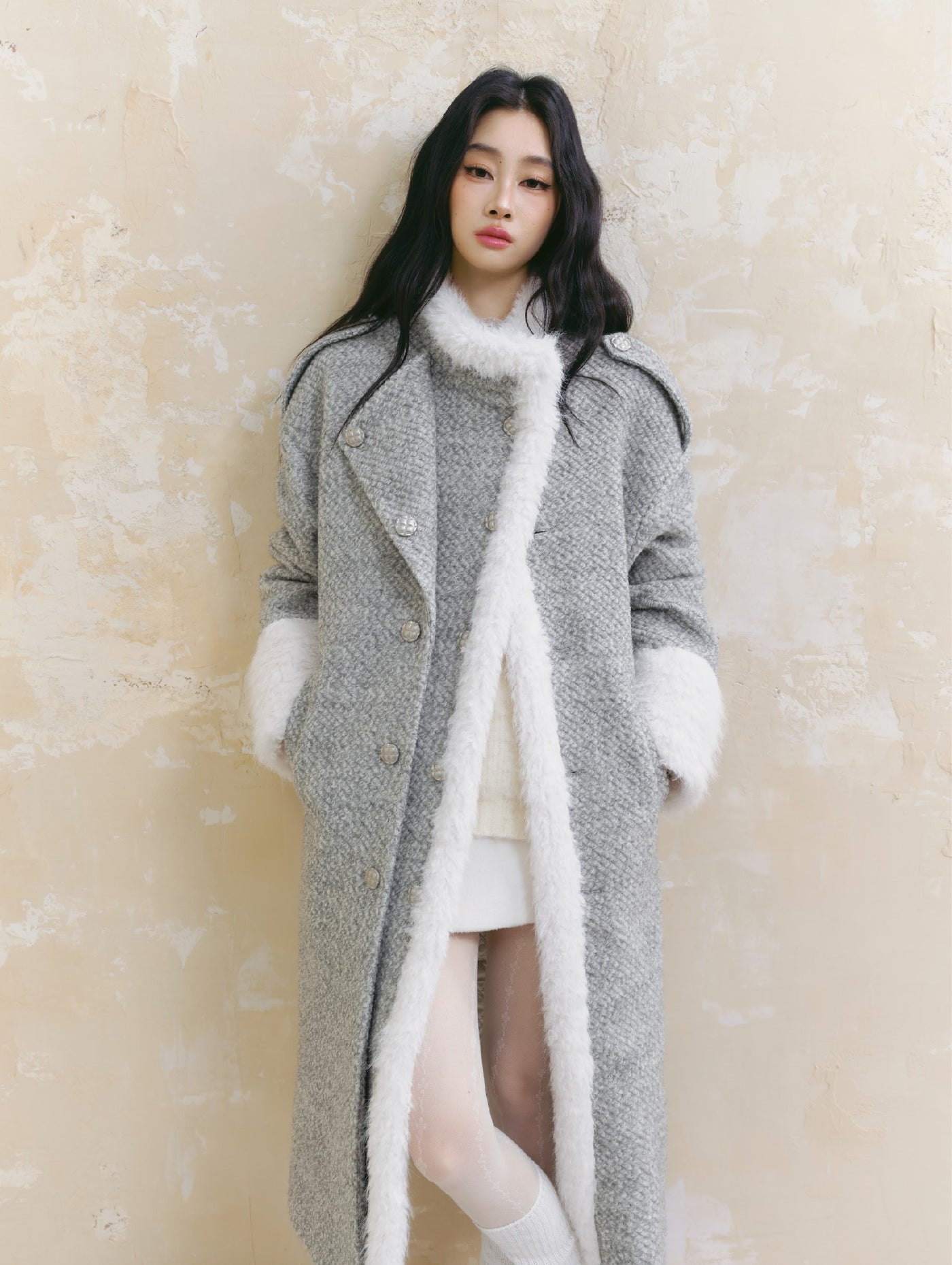 Icelandic Silver Snow Gray Fur Collar Woolen Long Coat SAL0093