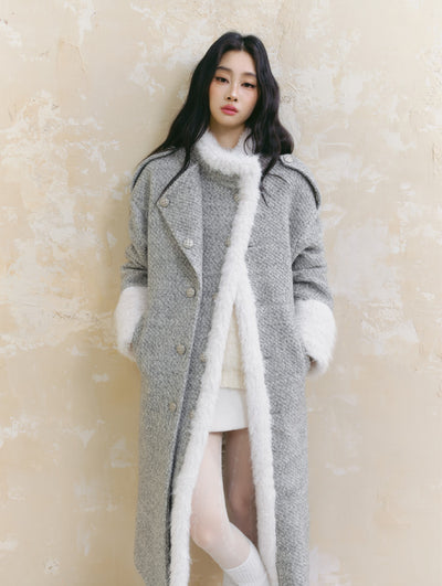 Icelandic Silver Snow Gray Fur Collar Woolen Long Coat SAL0093