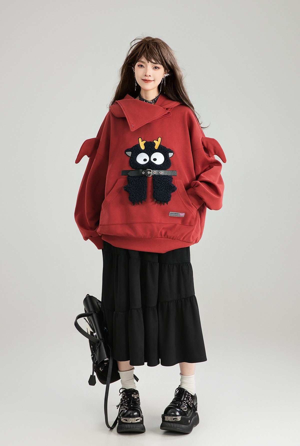 Cartoon Embroidered Lazy Style Loose Hoodie/Black Skirt KEI0179