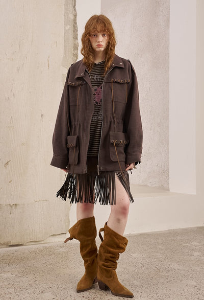 Flower Embroidered Tassel Leather Skirt DID0239