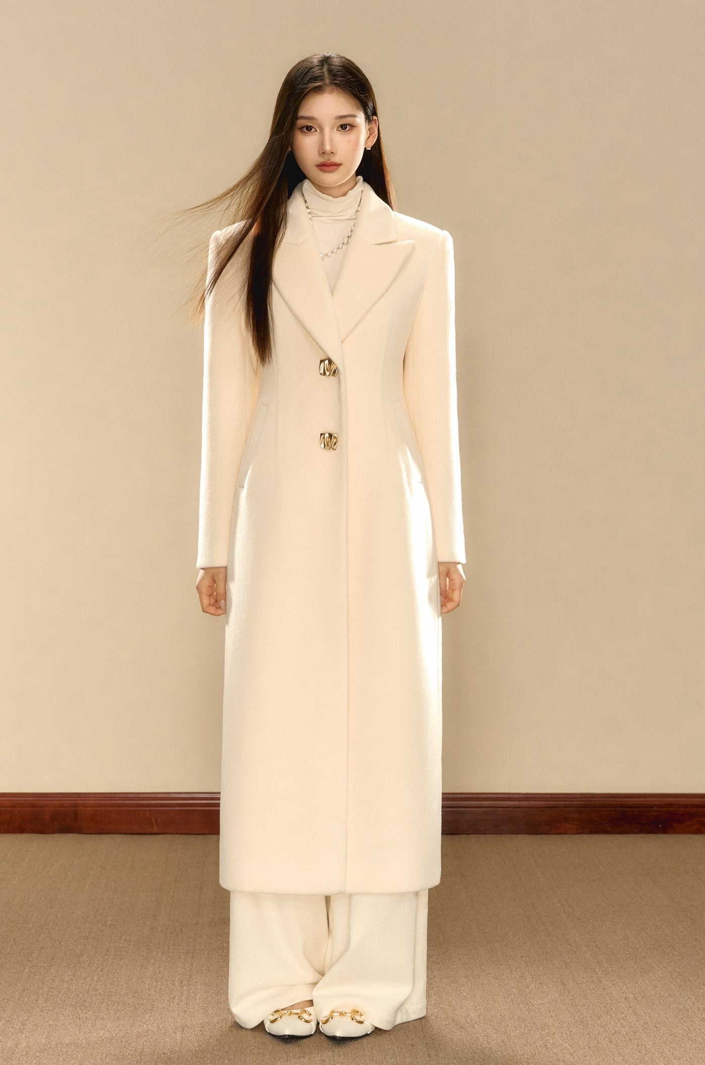 Milky White Simple Waist Long Wool Coat OSH0089