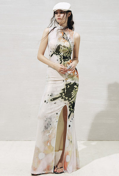 Butterfly Print Slit Dress OFA0273