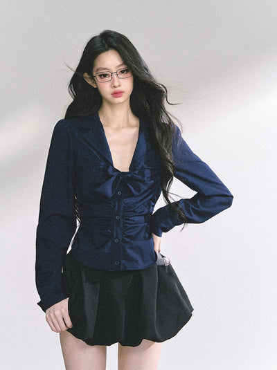 Bow Pleated Slim Shirt DIA0537