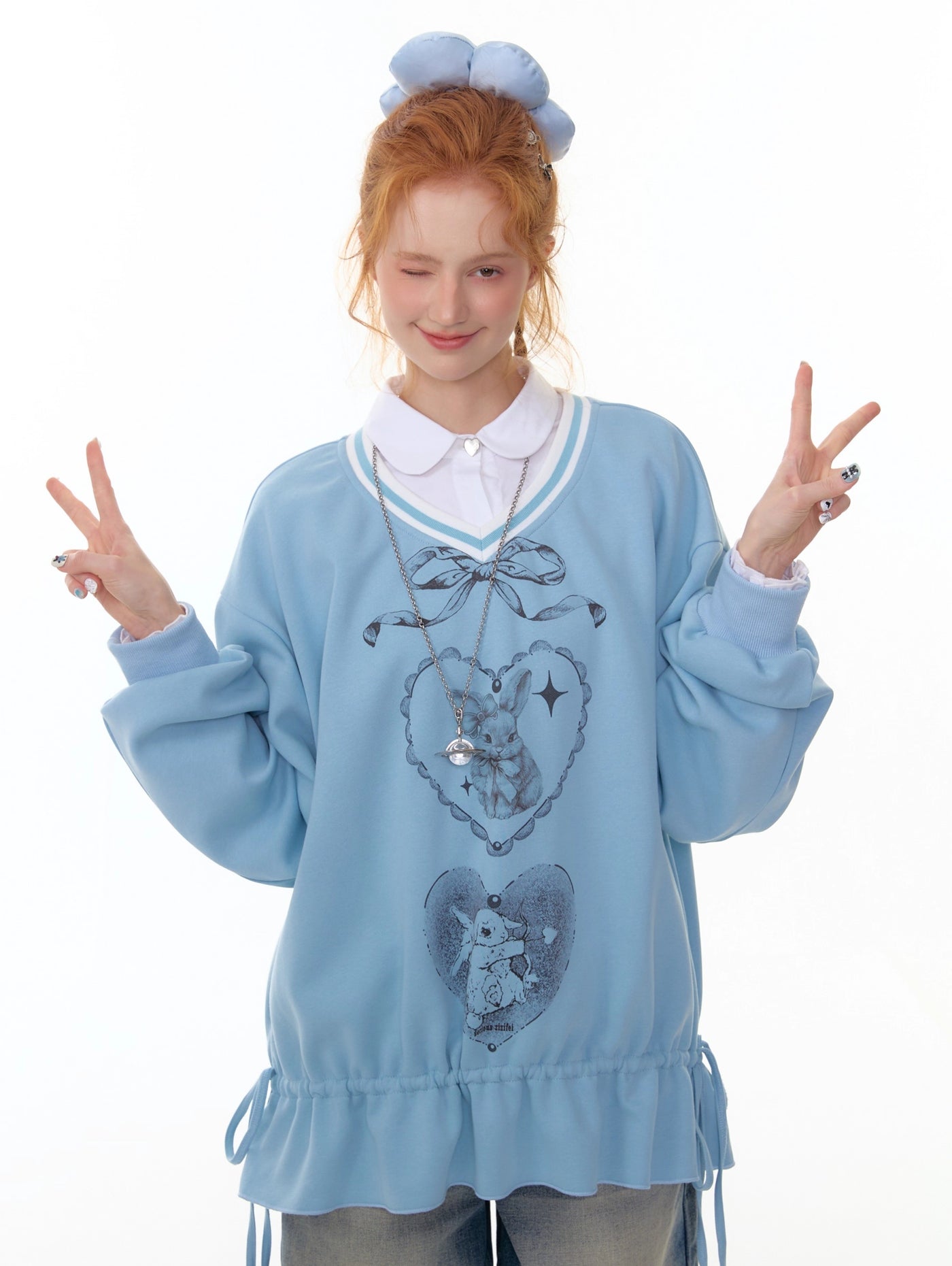 Retro Design Hem Rabbit Print Sweatshirt ZIZ0301