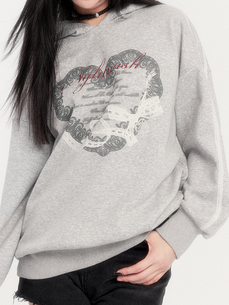 Lace Heart Print Fleece Sweatshirt Hoodie VOC0283