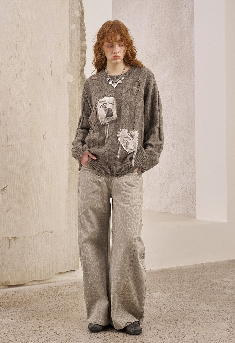 Appliqued Kitten Hollow Cable Sweater DID0235
