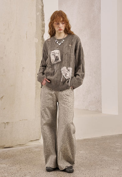Appliqued Kitten Hollow Cable Sweater DID0235